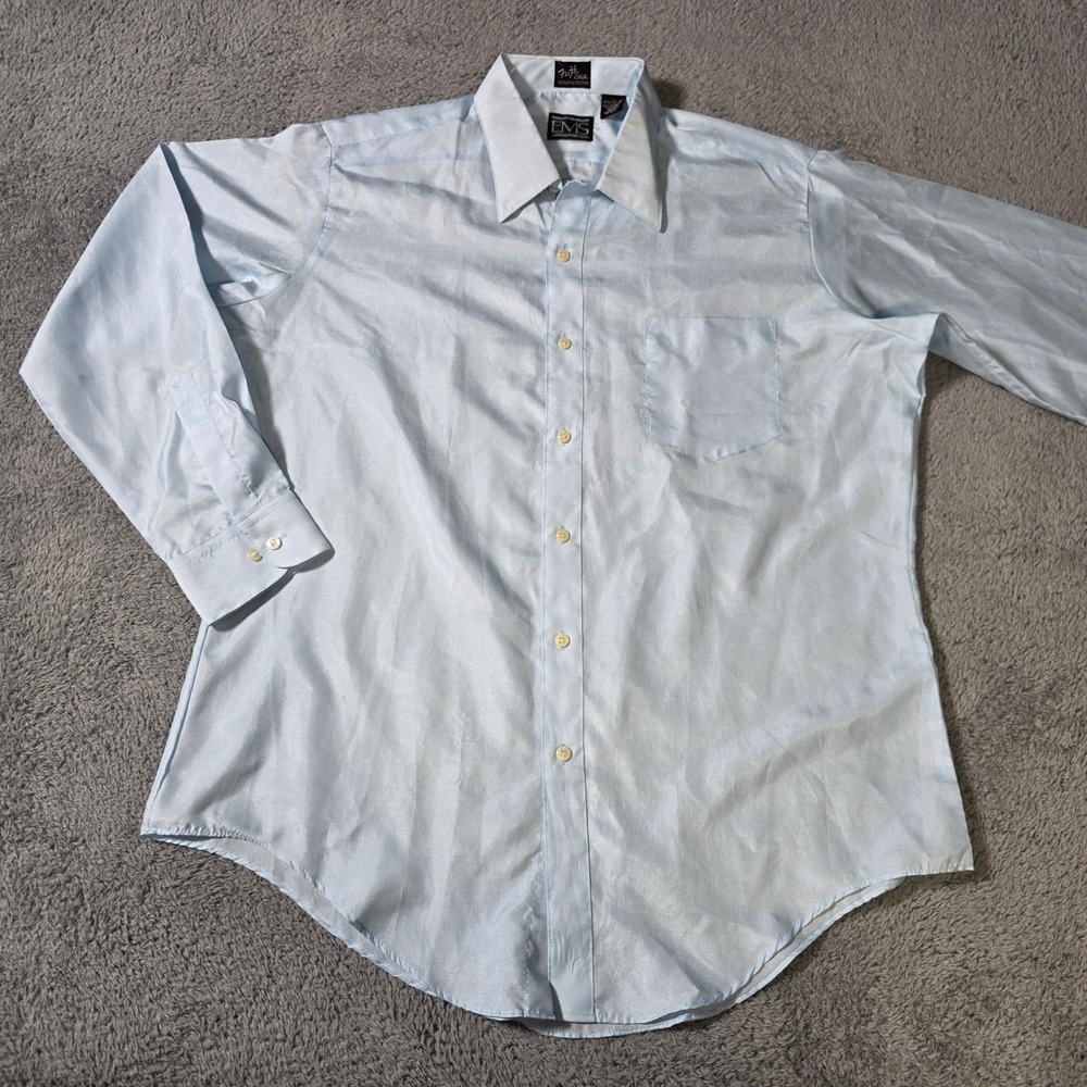 EMS Mens 16.5 32-33 Dress Shirt Light Blue Fuji Silk Polyester Long Sleeve Buttn